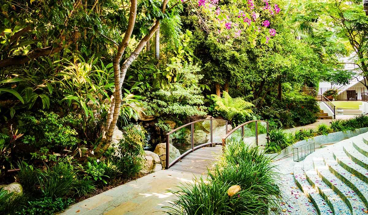 The Gardens, Koi Pond, bridge, and Cavatina restaurant at Sunset Marquis in West Hollywood, the home of the SPA.