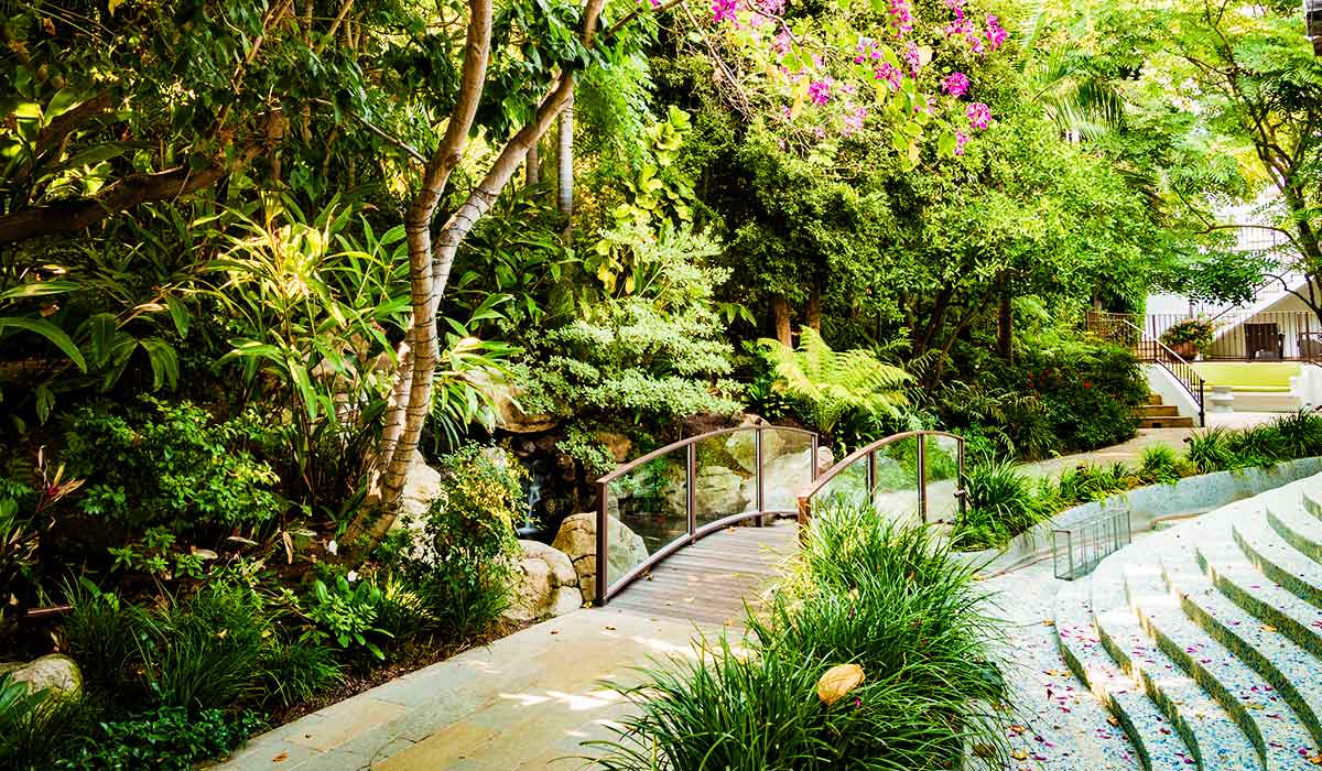 The Gardens, Koi Pond, bridge, and Cavatina restaurant at Sunset Marquis in West Hollywood, the home of the SPA.