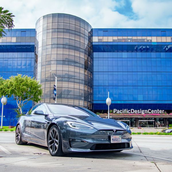 A TESLA parked in front of the Pacific Design Center in Hollywood.